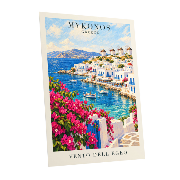 Mykonos in Bloom, blue, white, pink nature wall art shown as a unframed poster wall art print