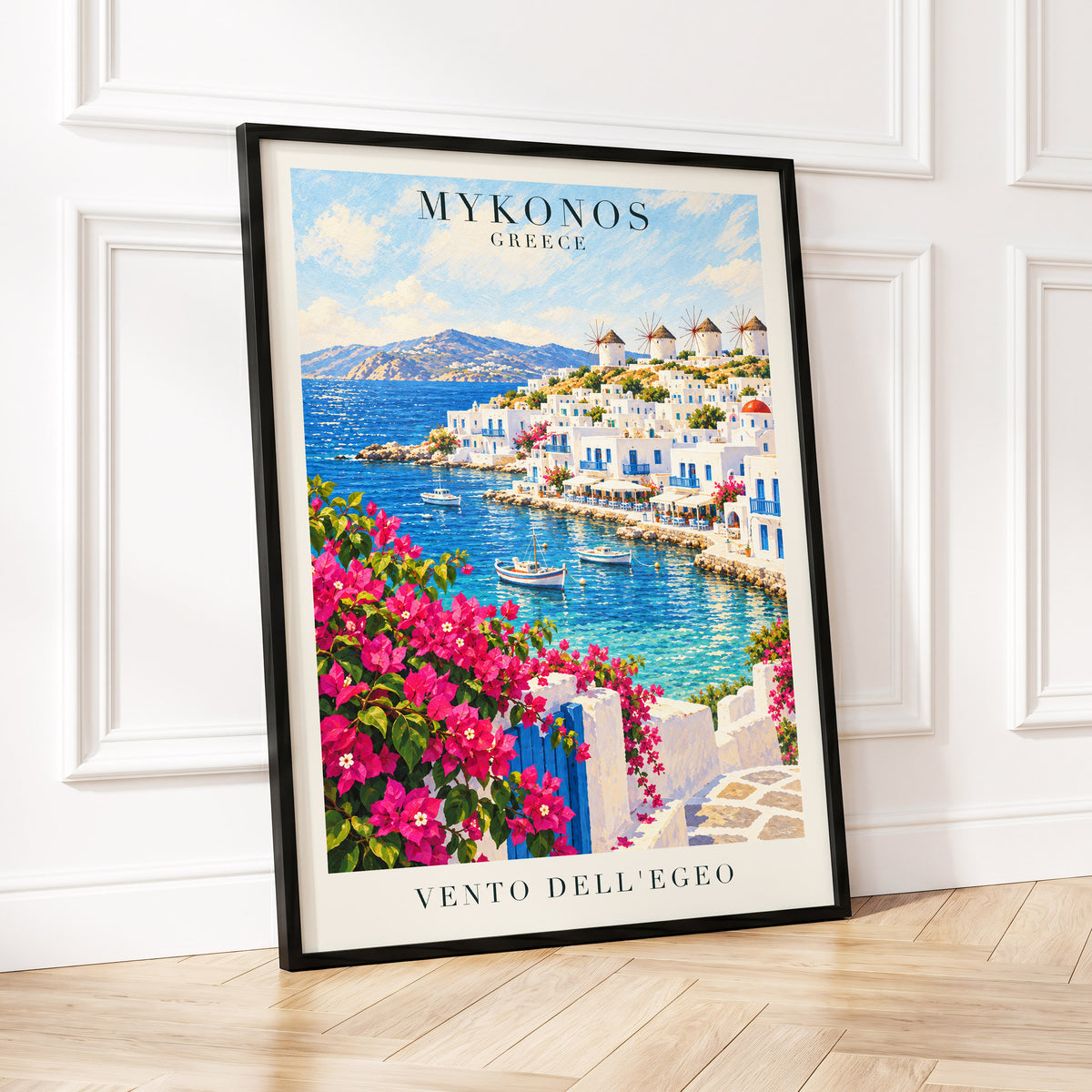 Mykonos in Bloom, blue, white, pink nature wall art displayed in a styled interior, gallery view 2