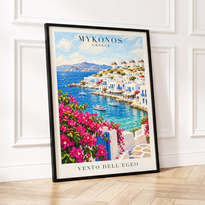 Mykonos in Bloom, blue, white, pink nature wall art displayed in a styled interior, gallery view 2