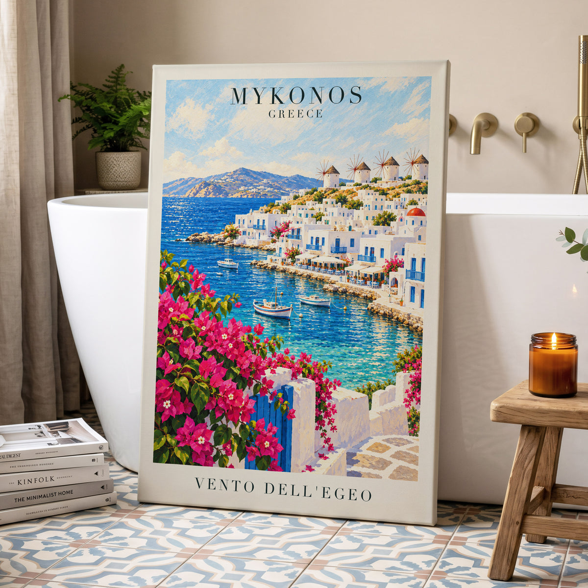 Mykonos in Bloom, blue, white, pink nature wall art displayed in a styled interior, gallery view 3