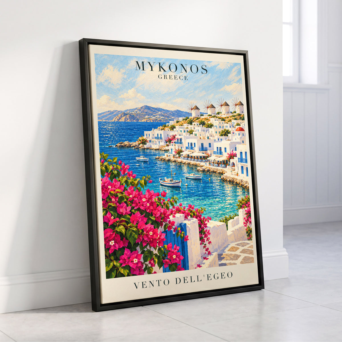 Mykonos in Bloom, blue, white, pink nature wall art displayed in a styled interior, gallery view 4