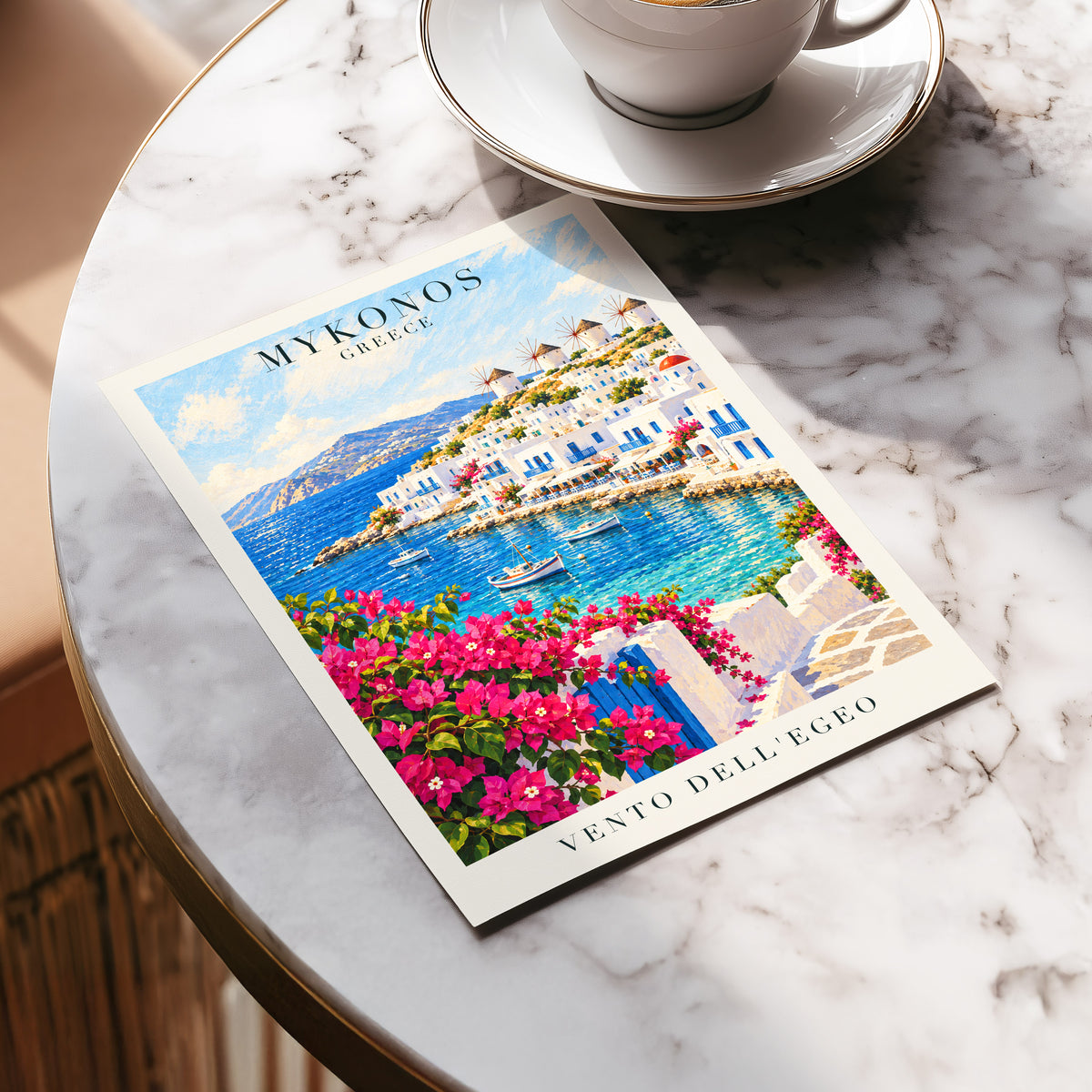 Mykonos in Bloom, blue, white, pink nature wall art displayed in a styled interior, gallery view 5