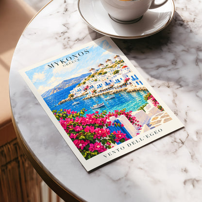 Mykonos in Bloom, blue, white, pink nature wall art displayed in a styled interior, gallery view 5