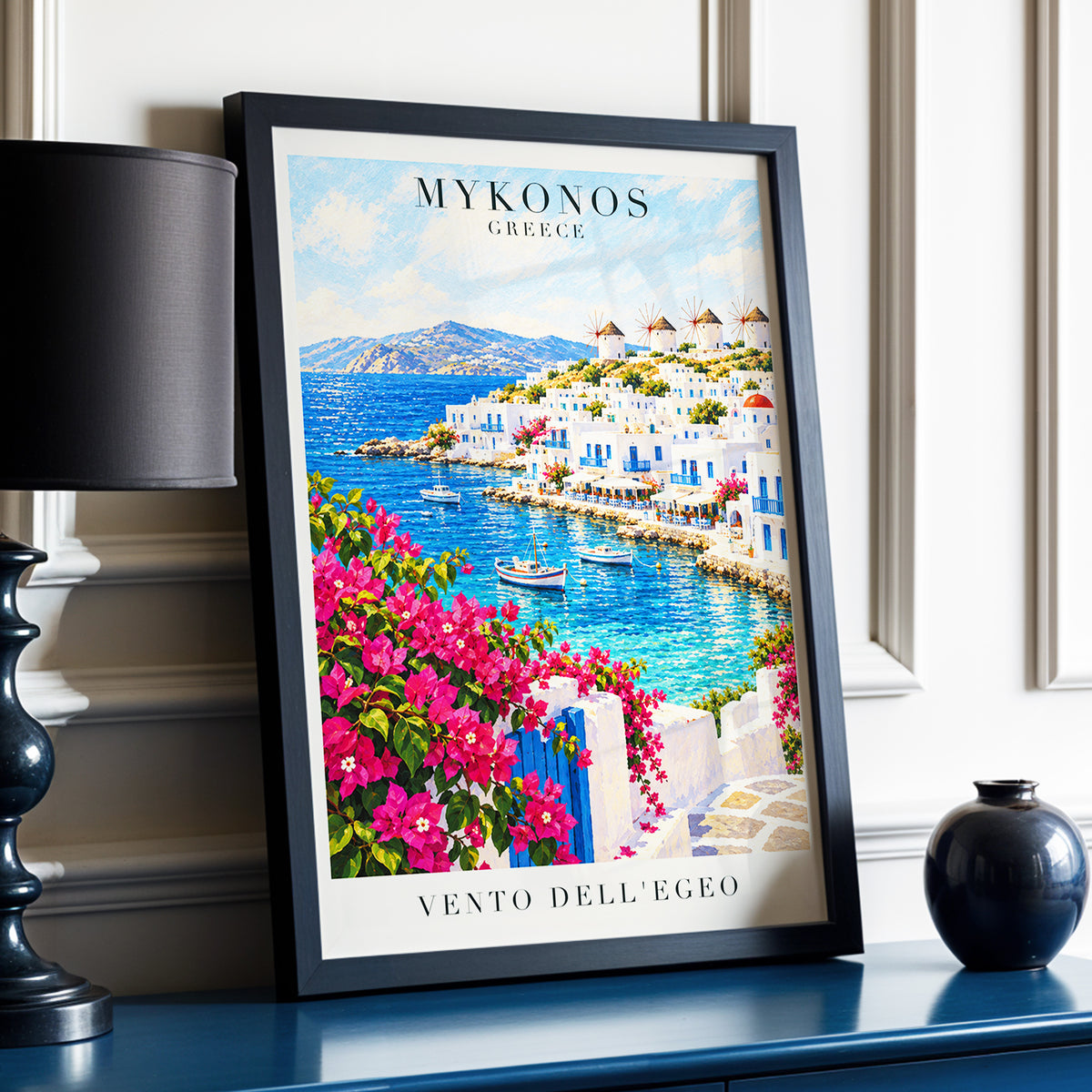 Mykonos in Bloom, blue, white, pink nature wall art displayed in a styled interior, gallery view 6