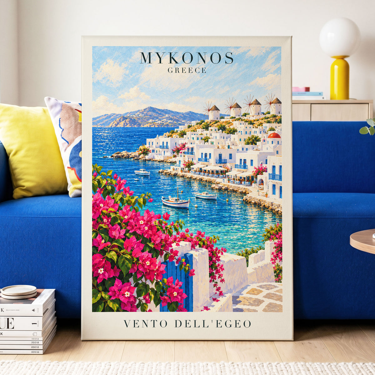 Mykonos in Bloom, blue, white, pink nature wall art displayed in a styled interior, gallery view 7