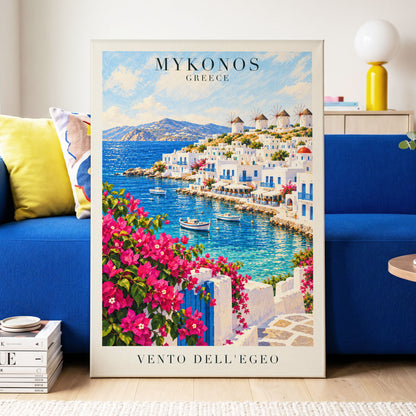 Mykonos in Bloom, blue, white, pink nature wall art displayed in a styled interior, gallery view 7