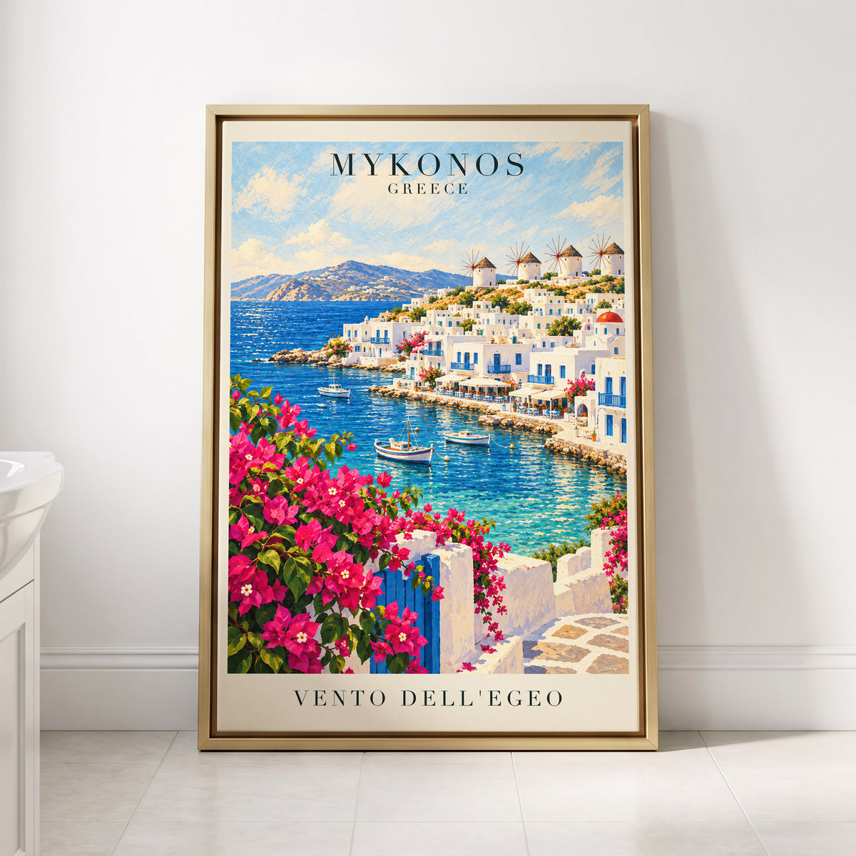 Mykonos in Bloom, blue, white, pink nature wall art displayed in a styled interior, gallery view 8