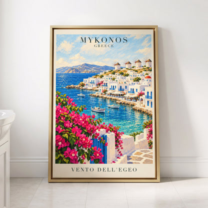 Mykonos in Bloom, blue, white, pink nature wall art displayed in a styled interior, gallery view 8