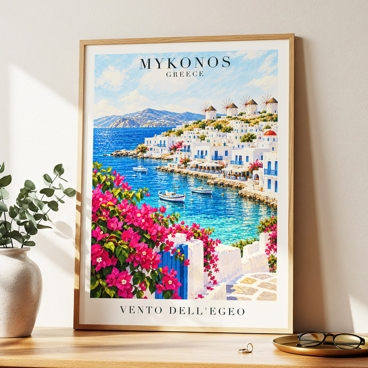 Mykonos in Bloom, blue, white, pink nature wall art displayed in a styled interior, gallery view 9
