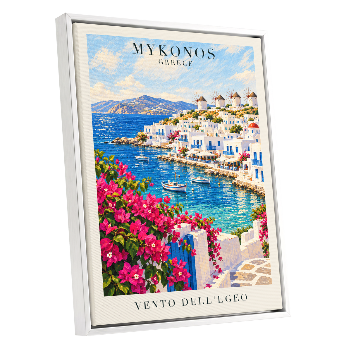 Mykonos in Bloom, blue, white, pink nature wall art shown as a white framed canvas wall art