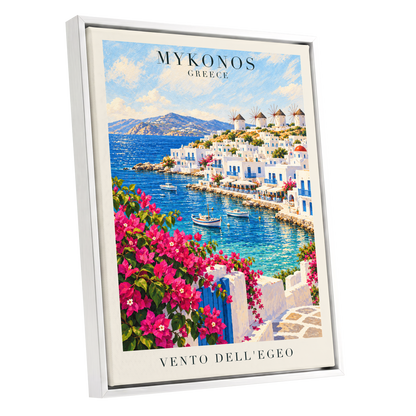 Mykonos in Bloom, blue, white, pink nature wall art shown as a white framed canvas wall art