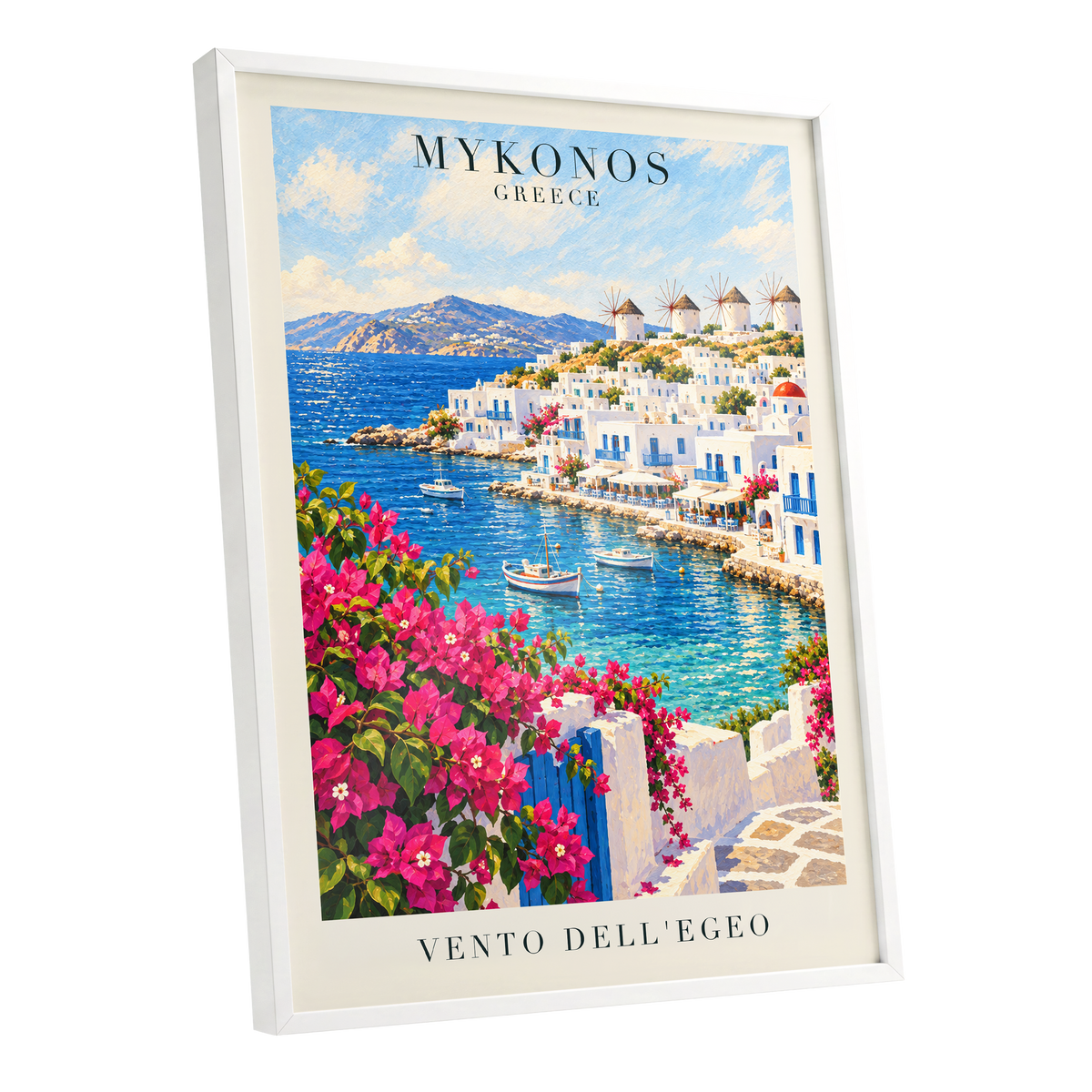 Mykonos in Bloom, blue, white, pink nature wall art shown as a white framed poster wall art print