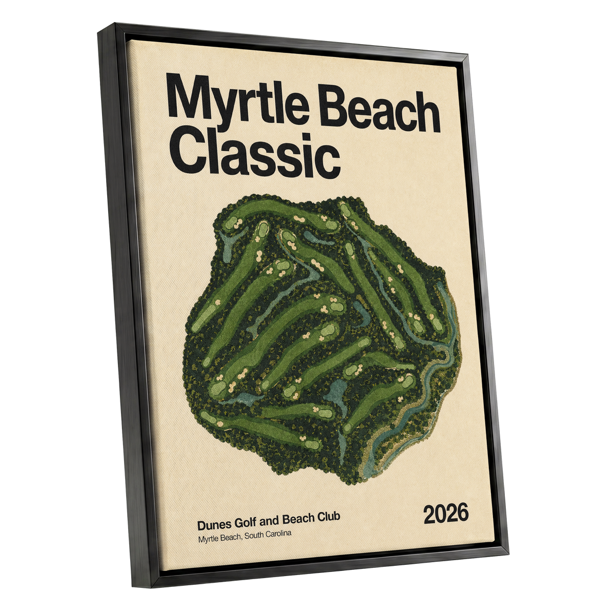 Myrtle Beach Fairways, green, beige, black nature wall art shown as a black framed canvas wall art