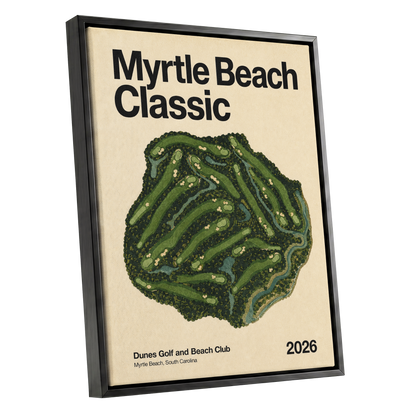 Myrtle Beach Fairways, green, beige, black nature wall art shown as a black framed canvas wall art