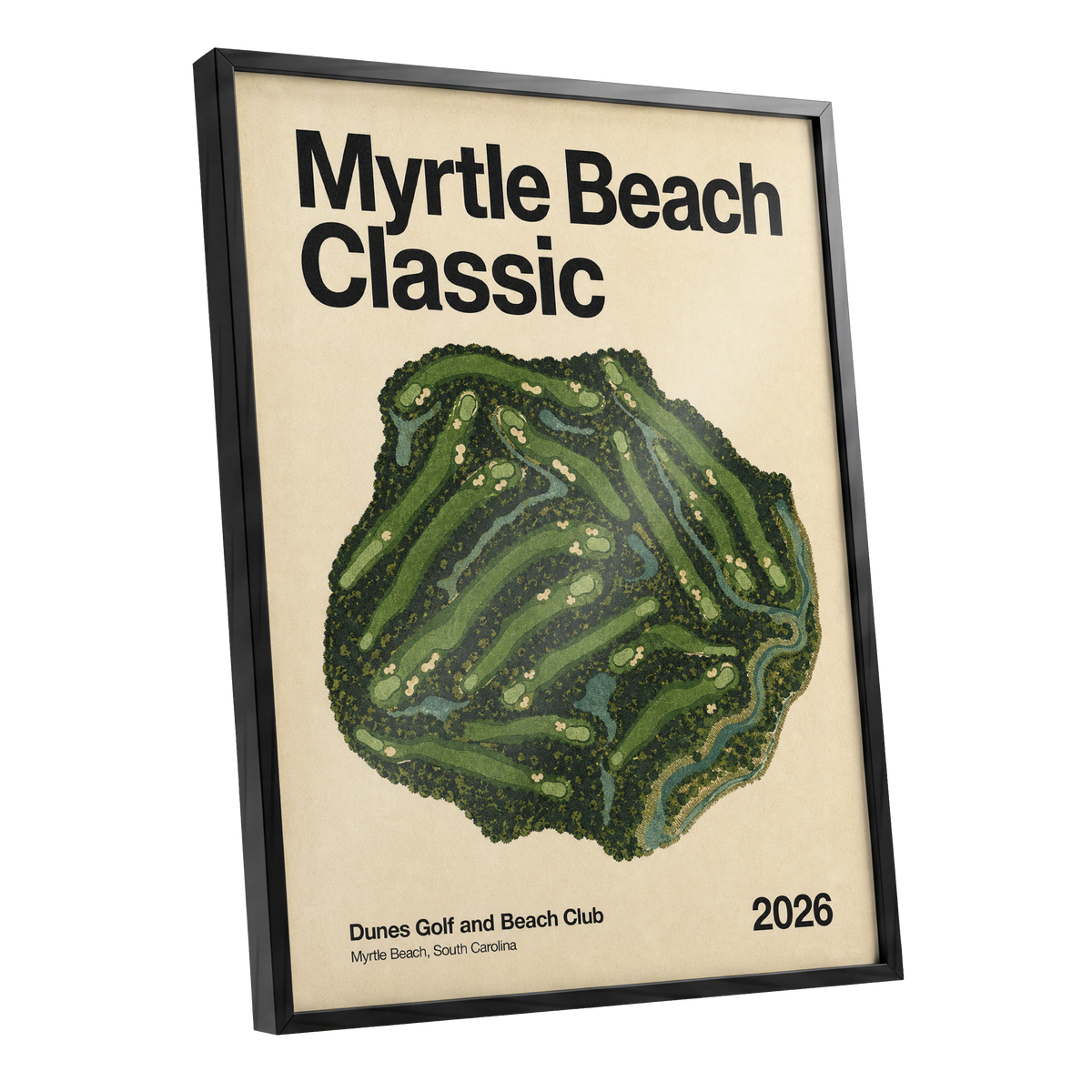 Myrtle Beach Fairways, green, beige, black nature wall art shown as a black framed poster wall art print