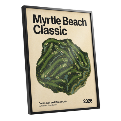 Myrtle Beach Fairways, green, beige, black nature wall art shown as a black framed poster wall art print