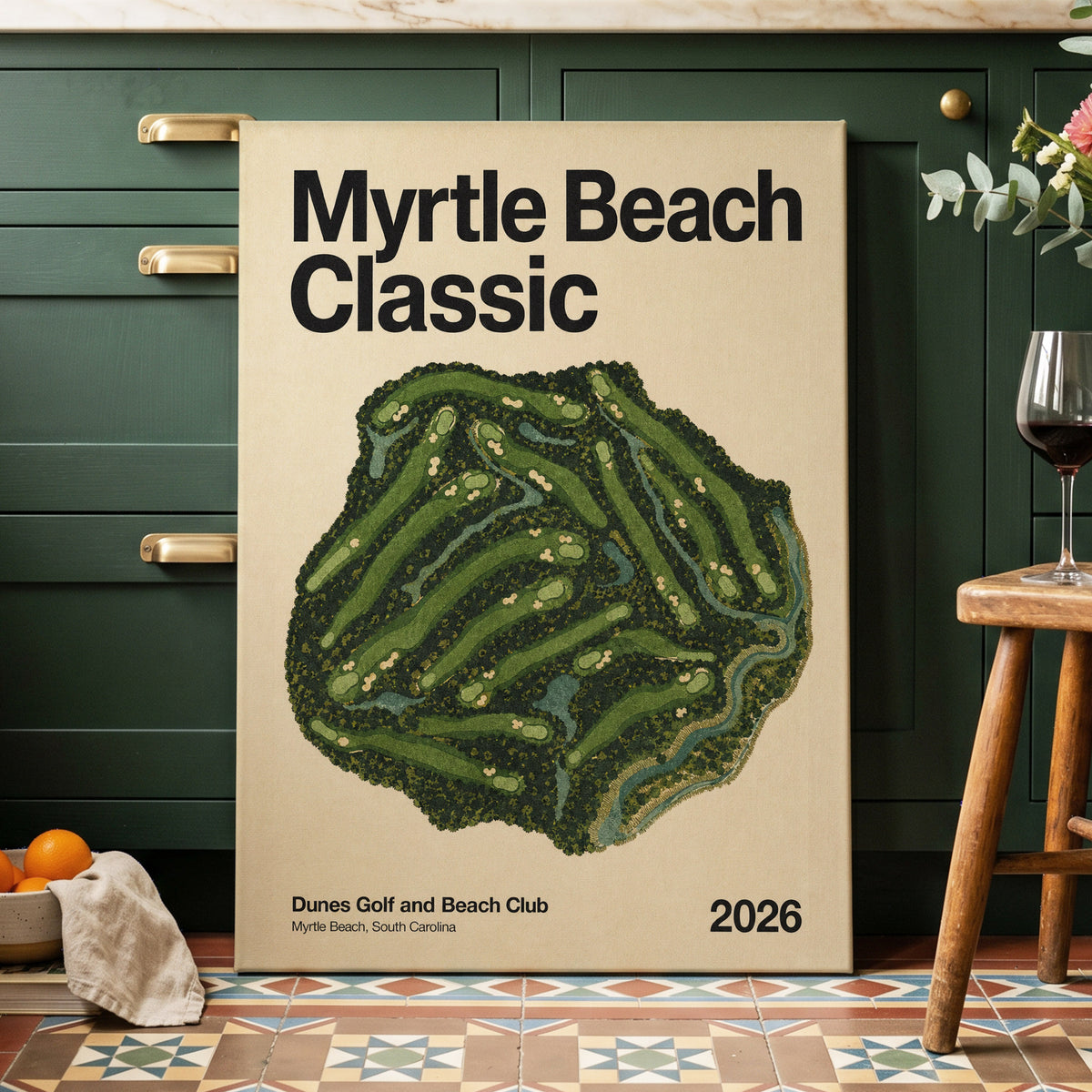 Myrtle Beach Fairways, green, beige, black nature wall art on canvas displayed in a styled interior, gallery view 1
