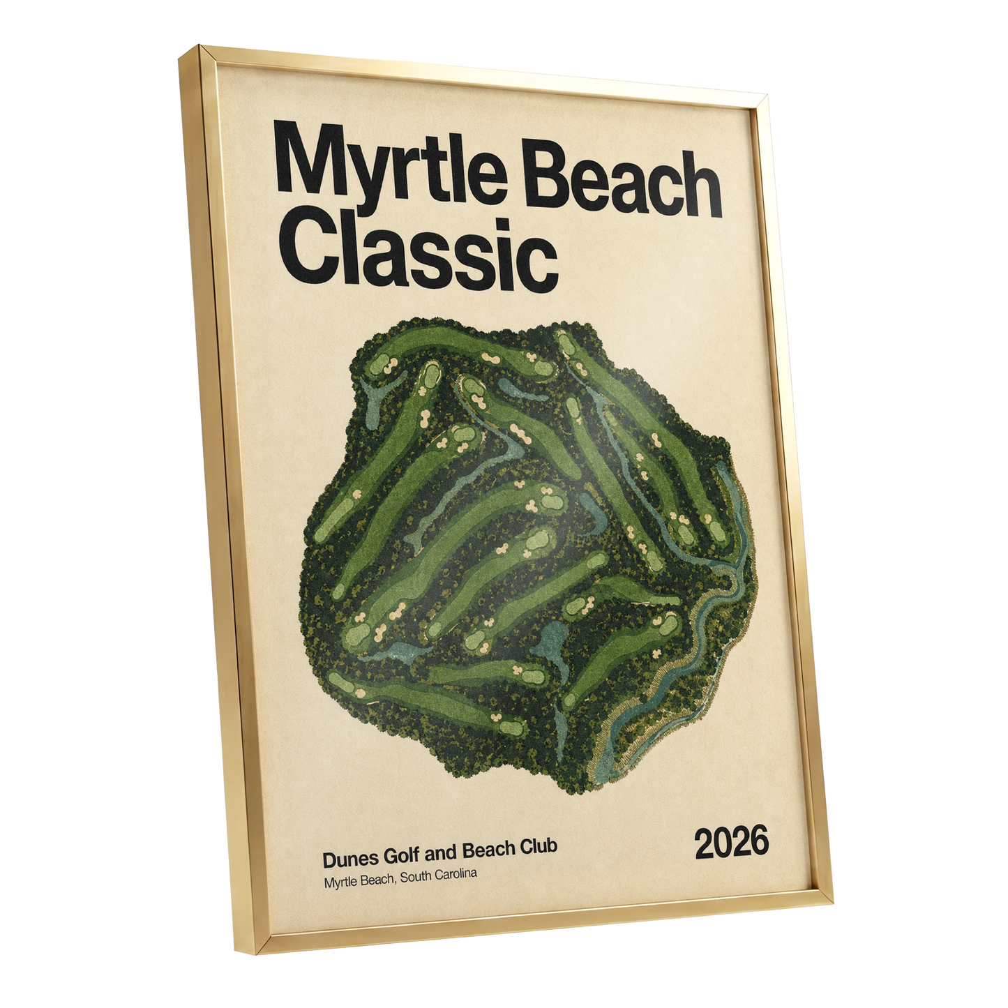 Myrtle Beach Fairways, green, beige, black nature wall art shown as a gold framed poster wall art print