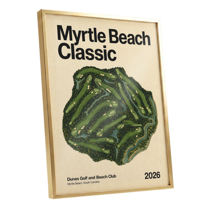 Myrtle Beach Fairways, green, beige, black nature wall art shown as a gold framed poster wall art print