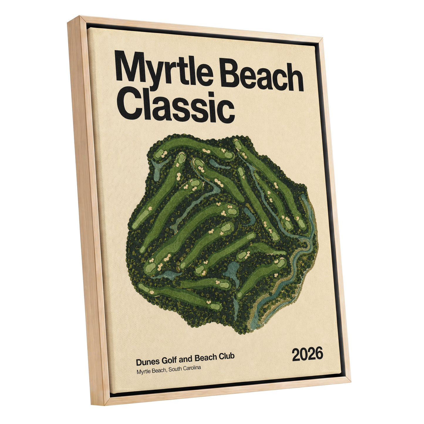 Myrtle Beach Fairways, green, beige, black nature wall art shown as a oak framed canvas wall art