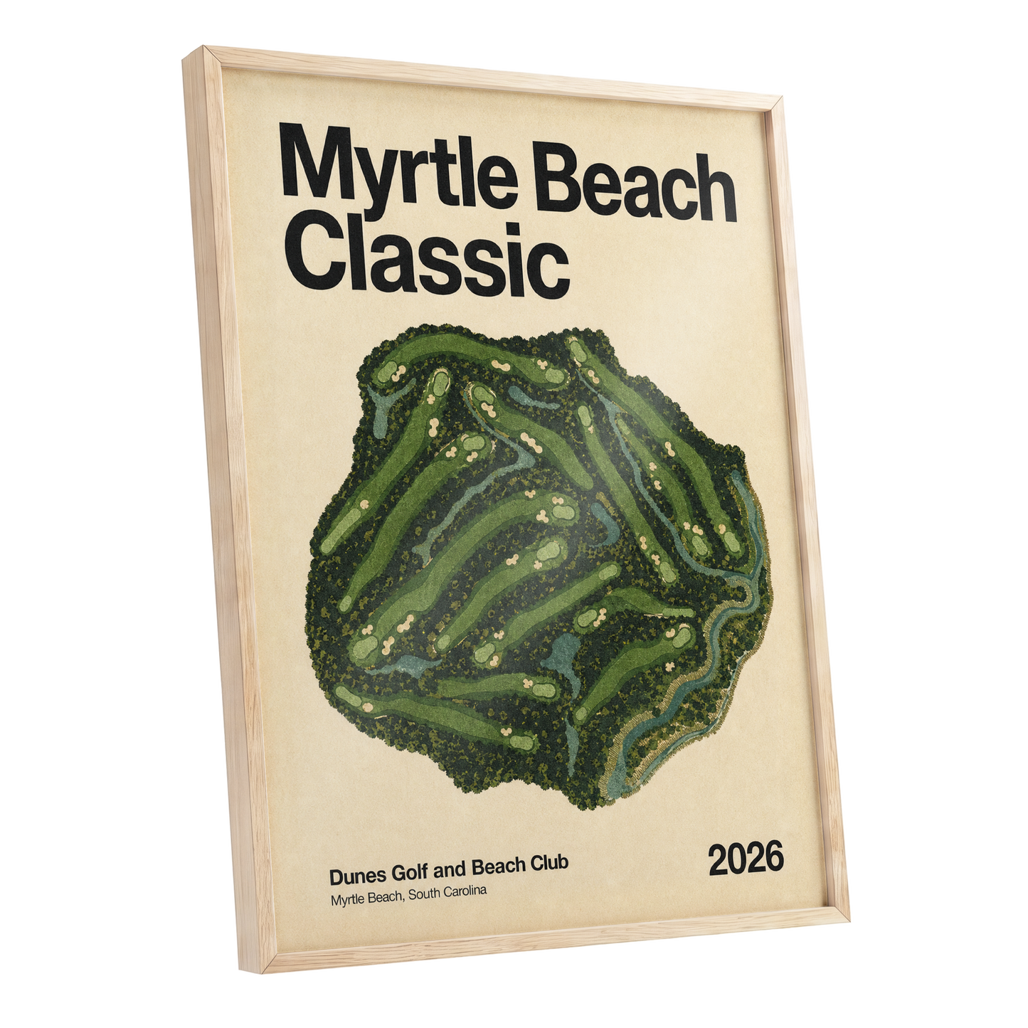 Myrtle Beach Fairways, green, beige, black nature wall art shown as a oak framed poster wall art print