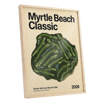 Myrtle Beach Fairways, green, beige, black nature wall art shown as a oak framed poster wall art print