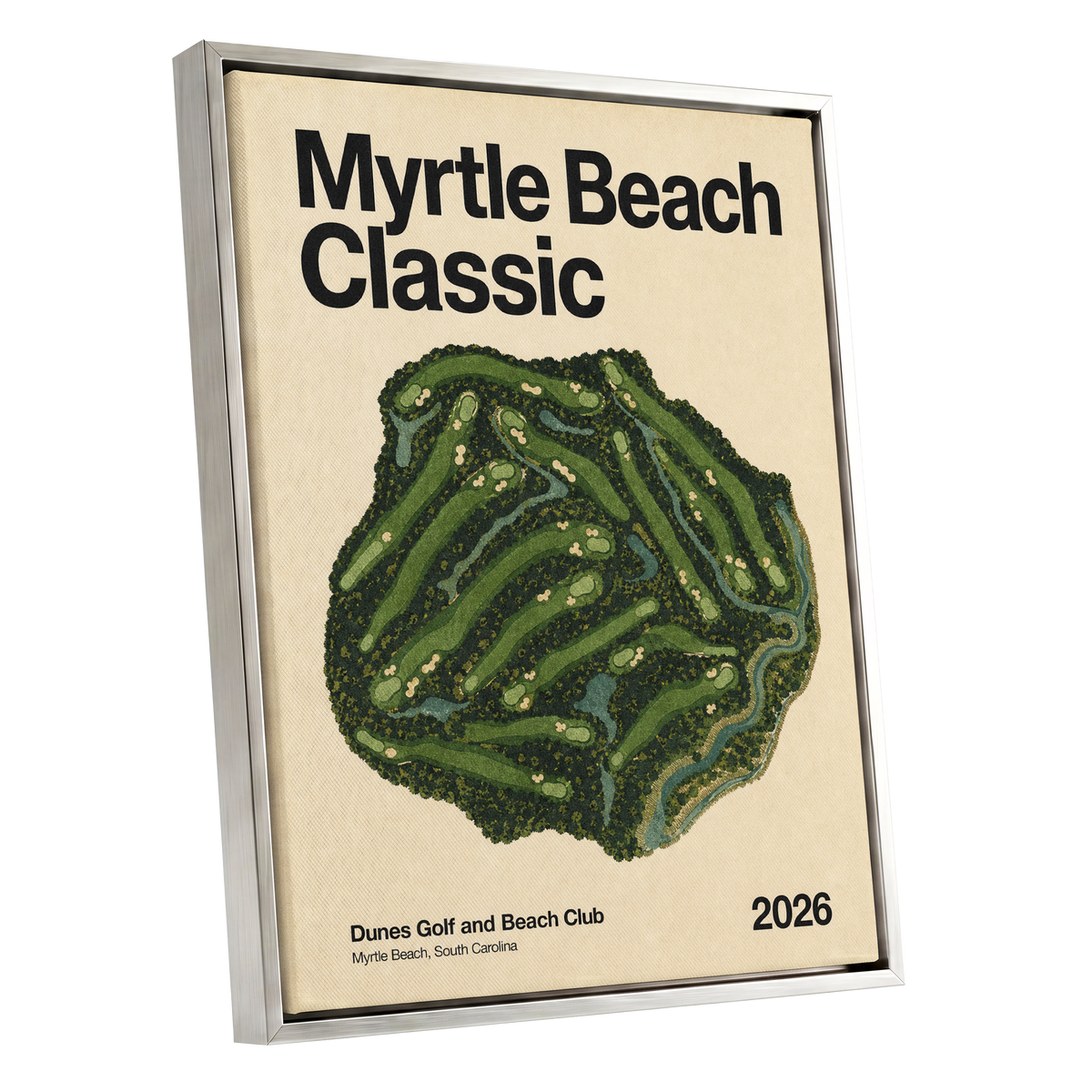 Myrtle Beach Fairways, green, beige, black nature wall art shown as a silver framed canvas wall art