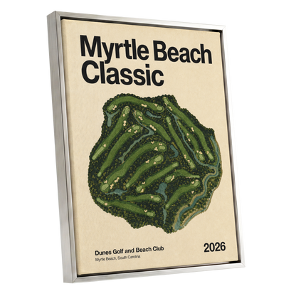 Myrtle Beach Fairways, green, beige, black nature wall art shown as a silver framed canvas wall art