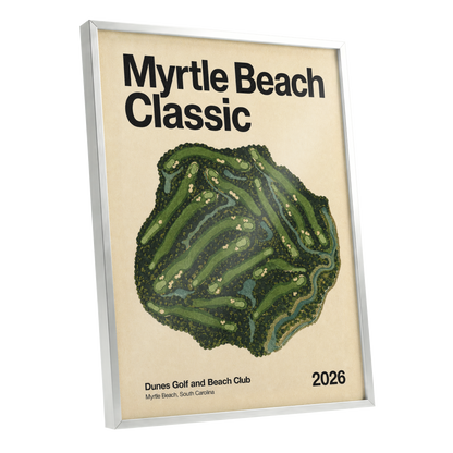Myrtle Beach Fairways, green, beige, black nature wall art shown as a silver framed poster wall art print