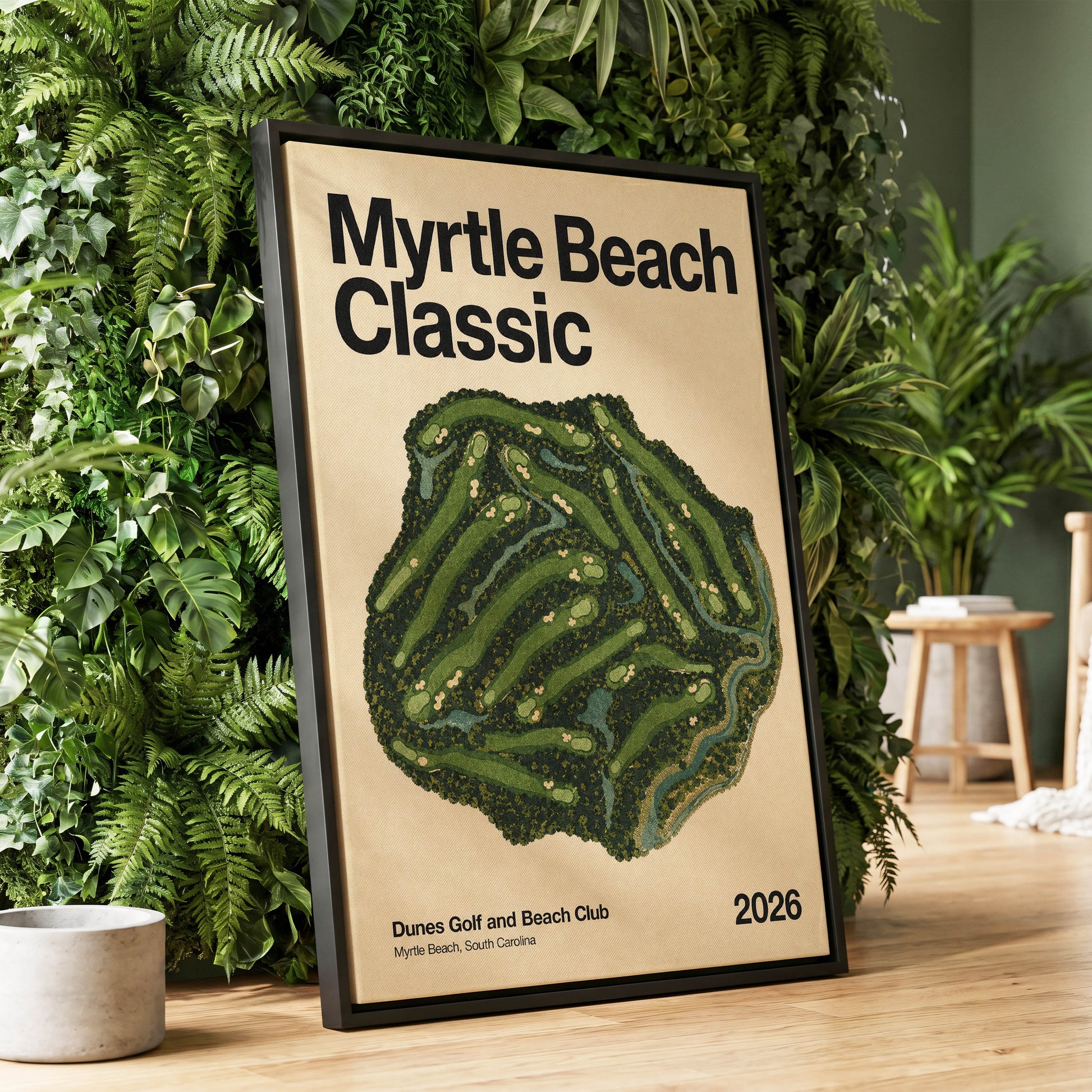 Myrtle Beach Fairways, green, beige, black nature wall art displayed in a styled interior, gallery view 1