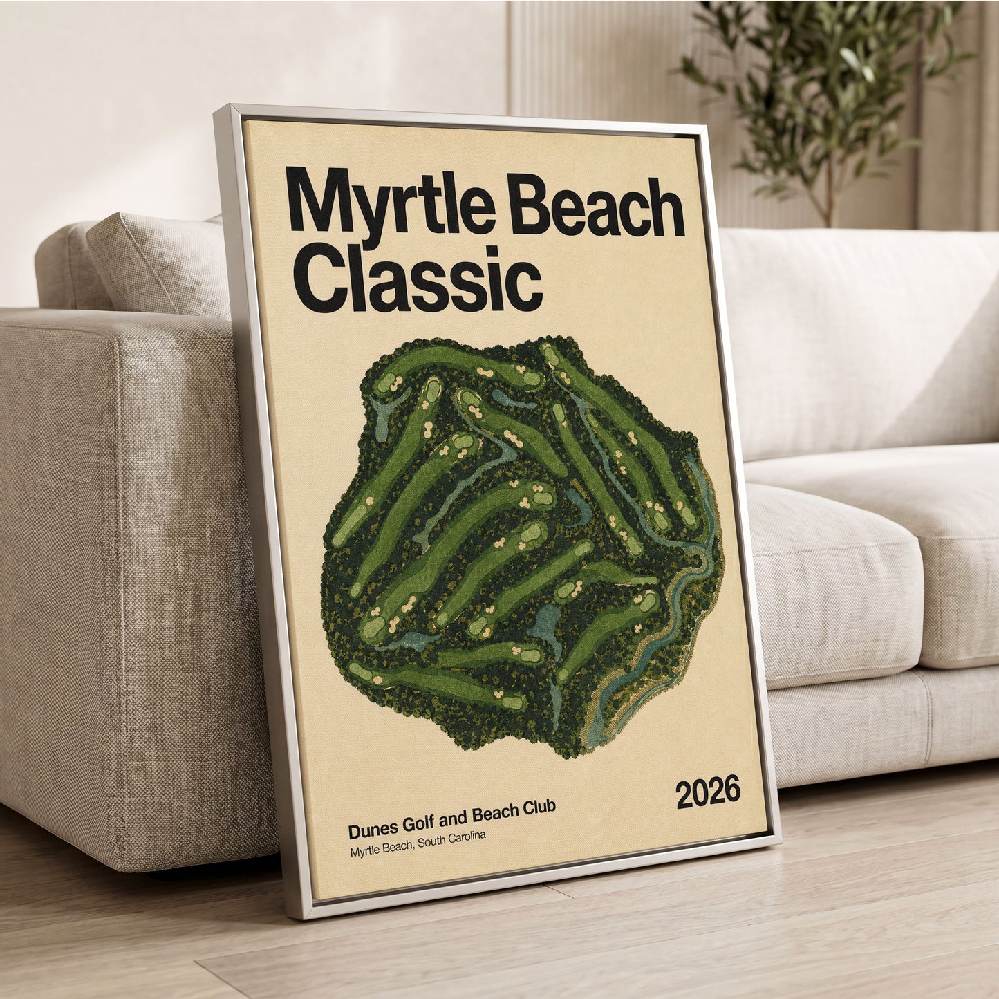Myrtle Beach Fairways, green, beige, black nature wall art displayed in a styled interior, gallery view 2