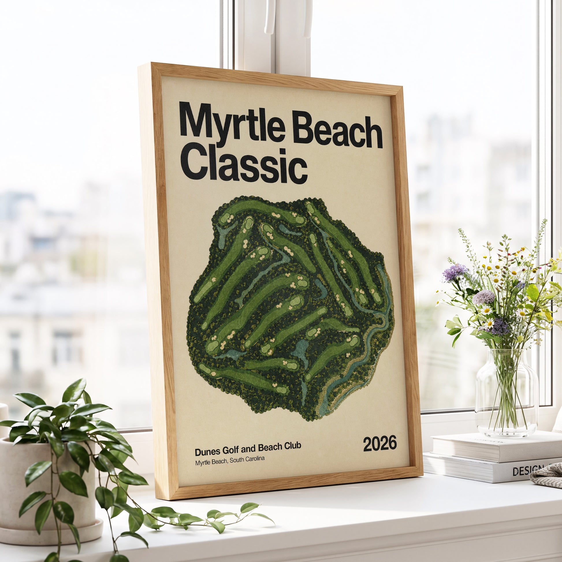 Myrtle Beach Fairways, green, beige, black nature wall art displayed in a styled interior, gallery view 5