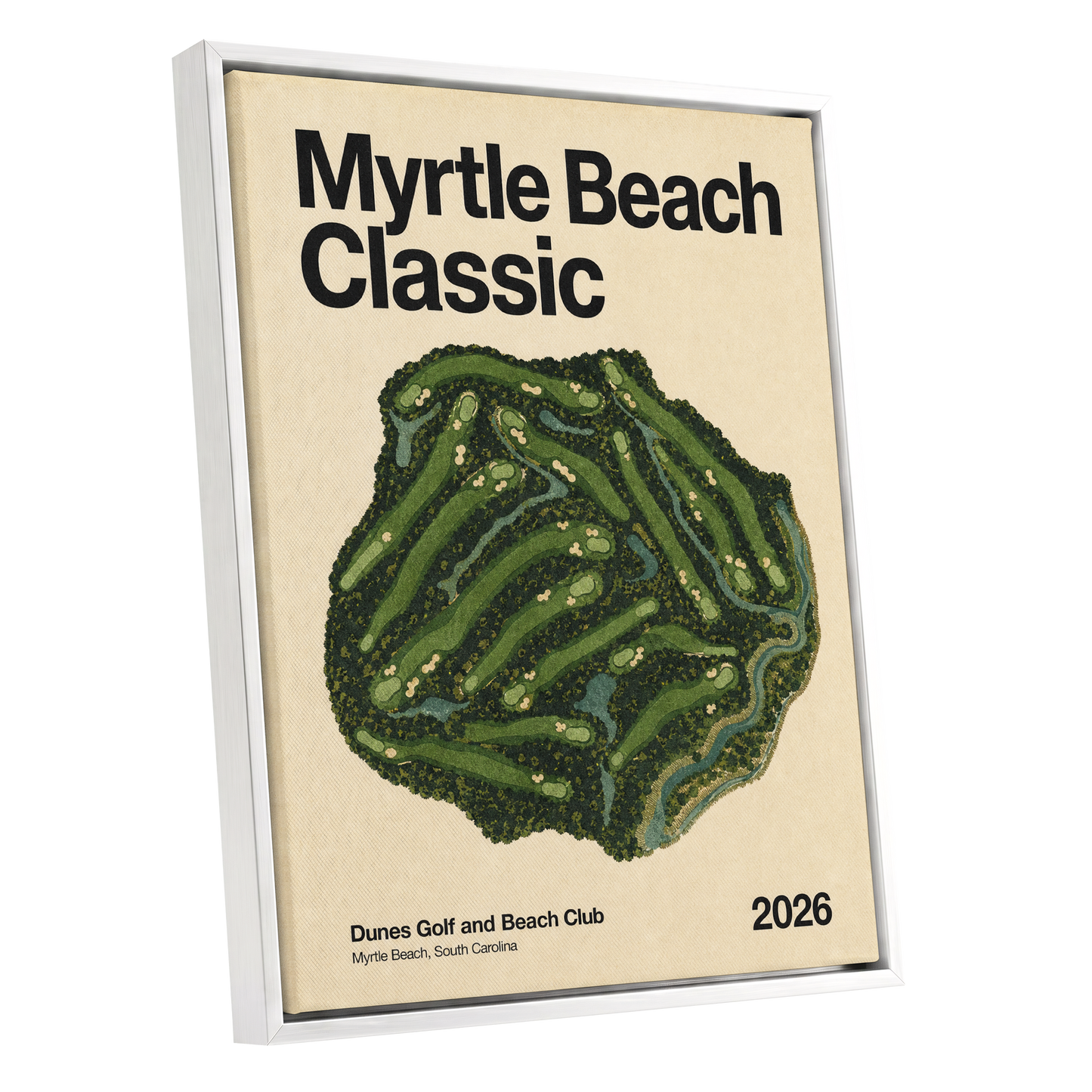 Myrtle Beach Fairways, green, beige, black nature wall art shown as a white framed canvas wall art