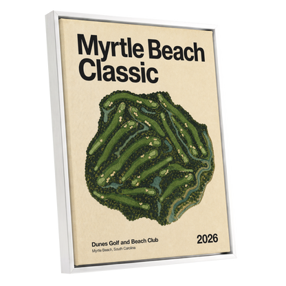 Myrtle Beach Fairways, green, beige, black nature wall art shown as a white framed canvas wall art