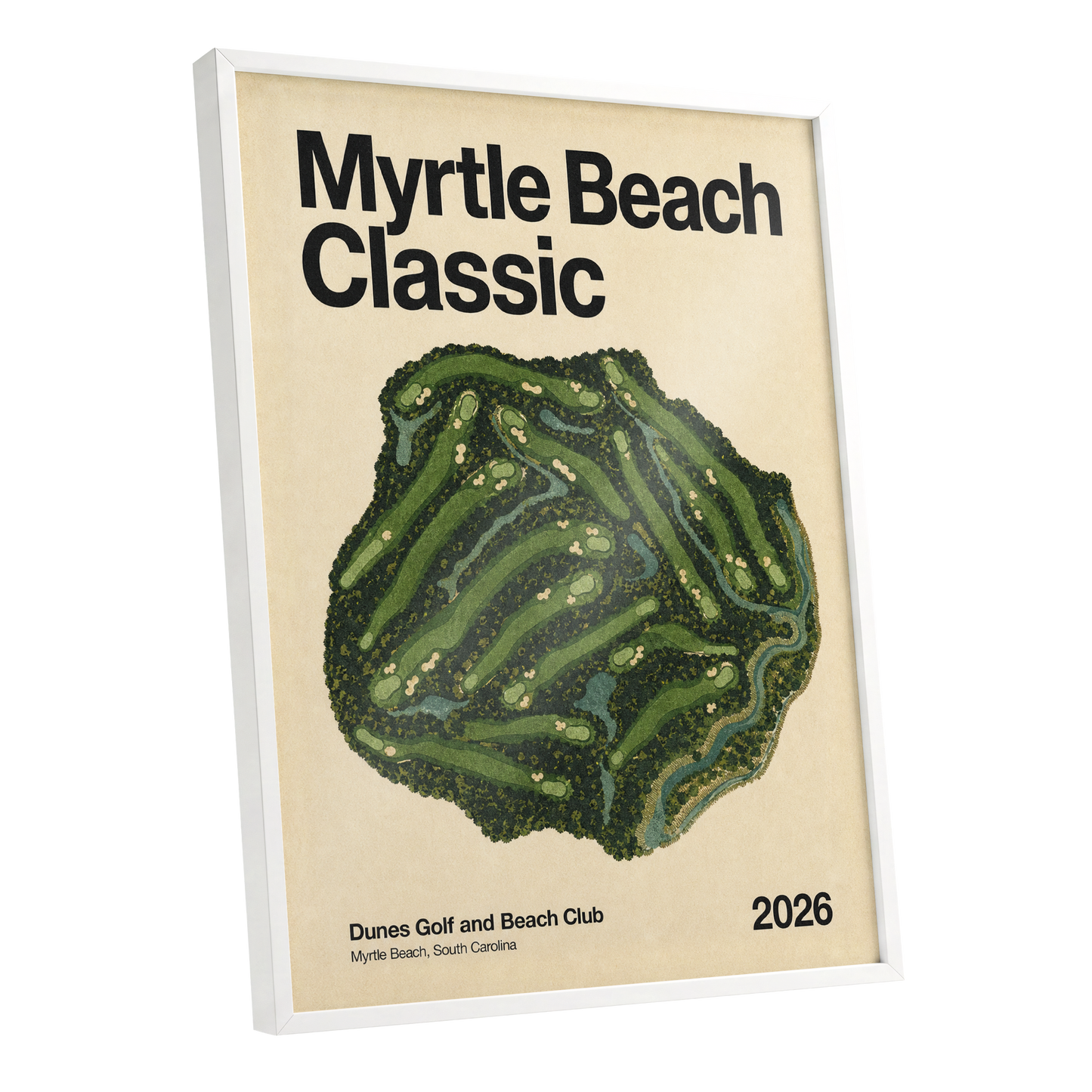 Myrtle Beach Fairways, green, beige, black nature wall art shown as a white framed poster wall art print