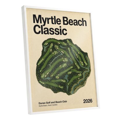 Myrtle Beach Fairways, green, beige, black nature wall art shown as a white framed poster wall art print