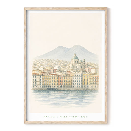 Naples in Soft Light, beige, blue, white minimalist wall art, front artwork view