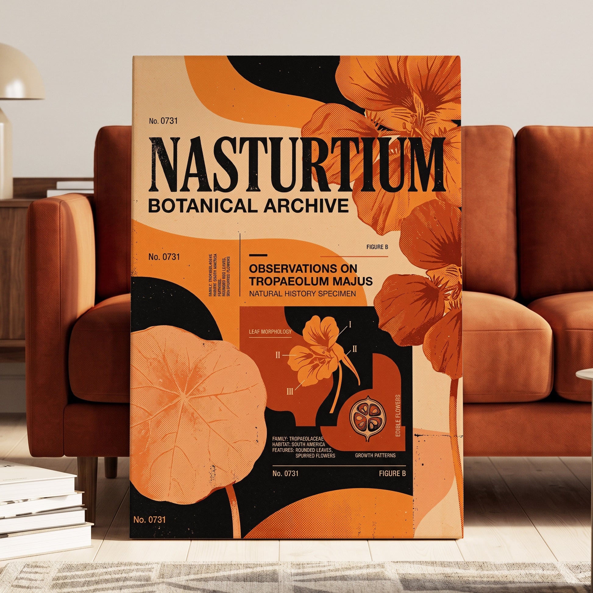 Nasturtium Archive, orange, black, beige floral wall art on canvas displayed in a styled interior, gallery view 1
