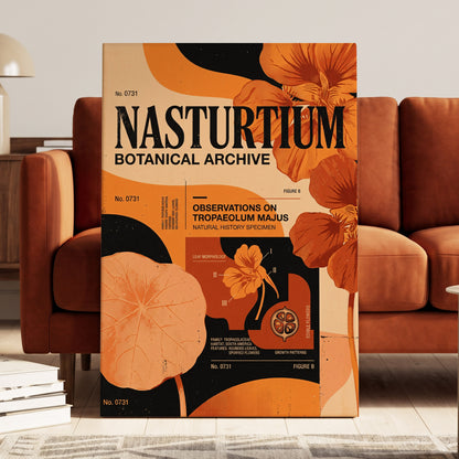 Nasturtium Archive, orange, black, beige floral wall art on canvas displayed in a styled interior, gallery view 1