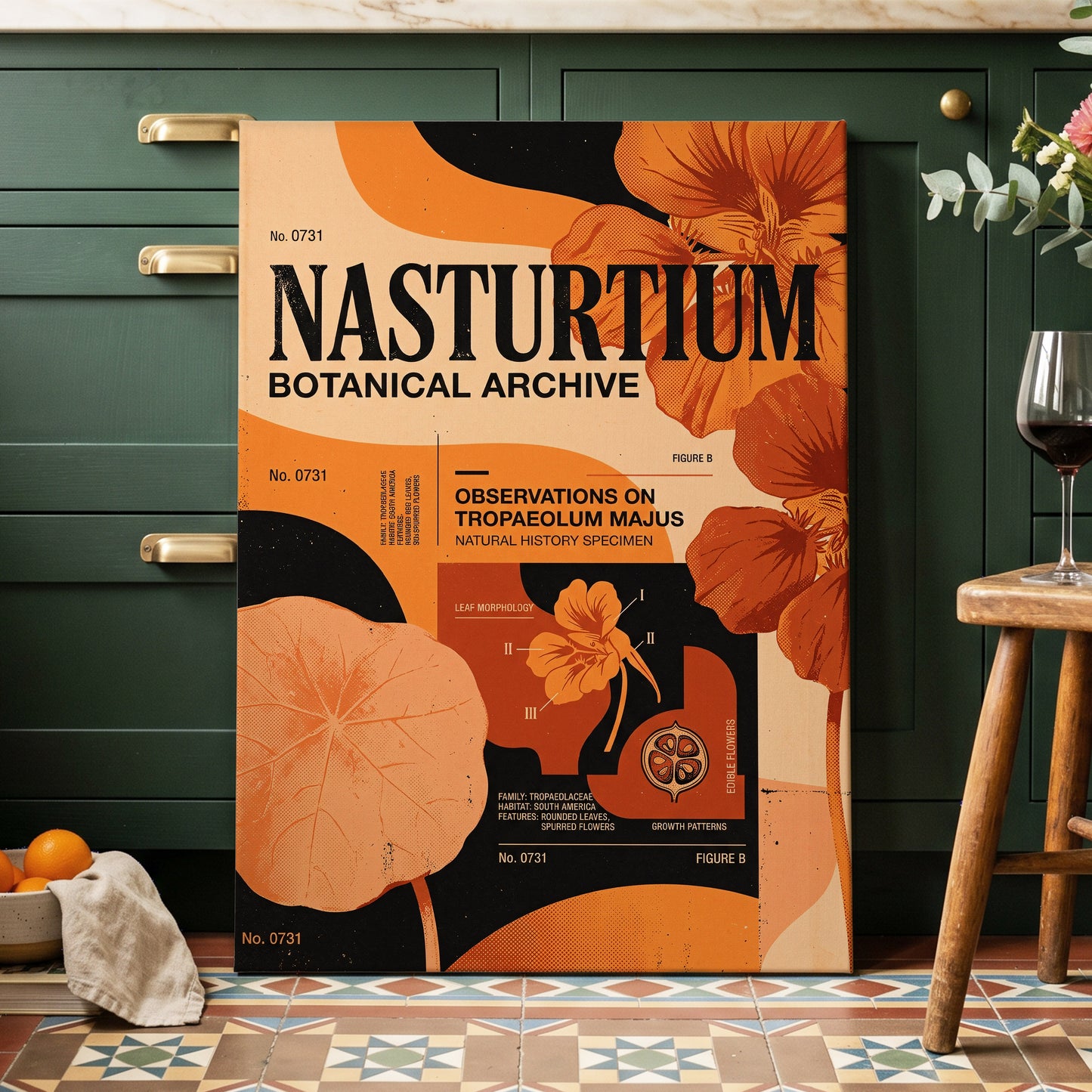Nasturtium Archive, orange, black, beige floral wall art on canvas displayed in a styled interior, gallery view 2