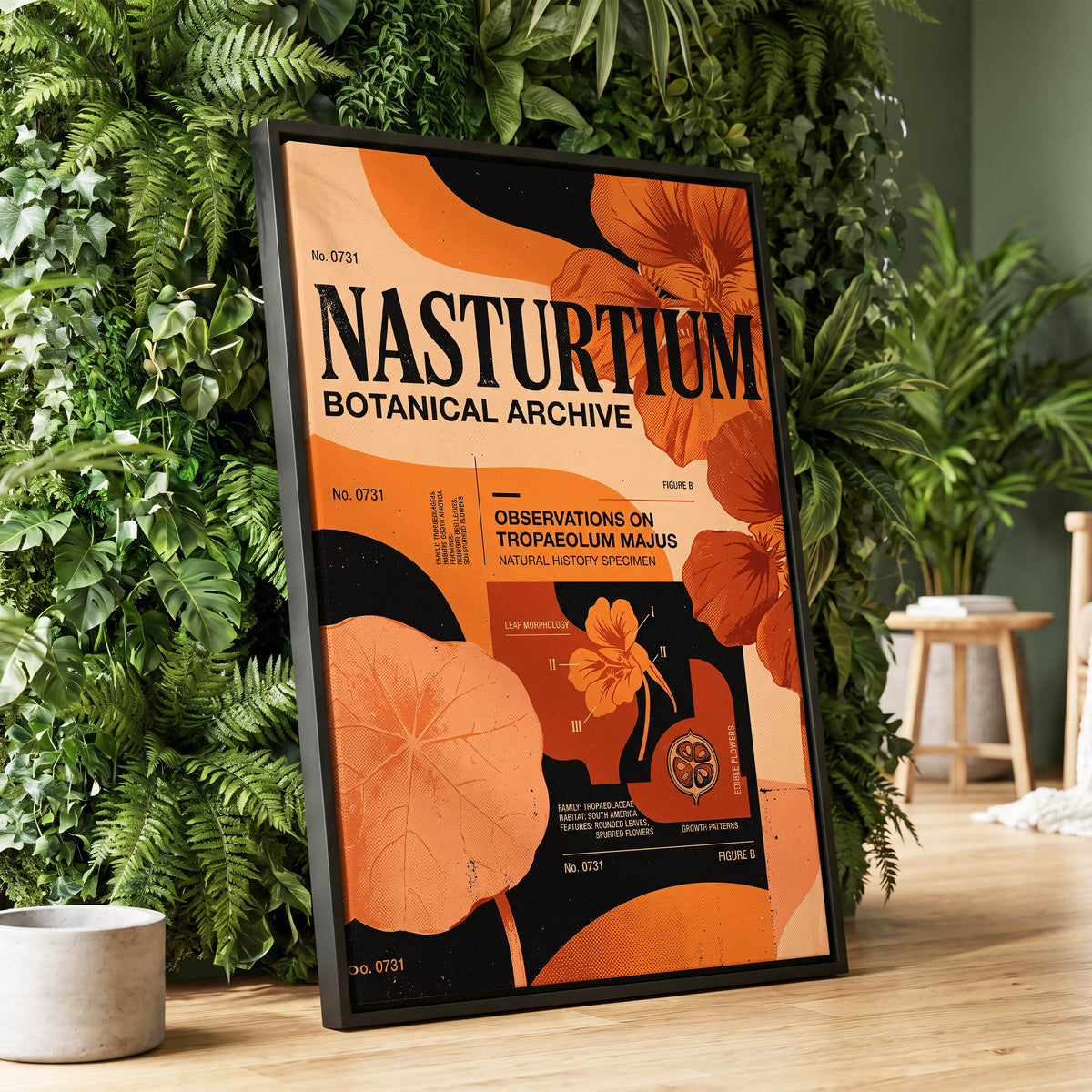 Nasturtium Archive, orange, black, beige floral wall art displayed in a styled interior, gallery view 1