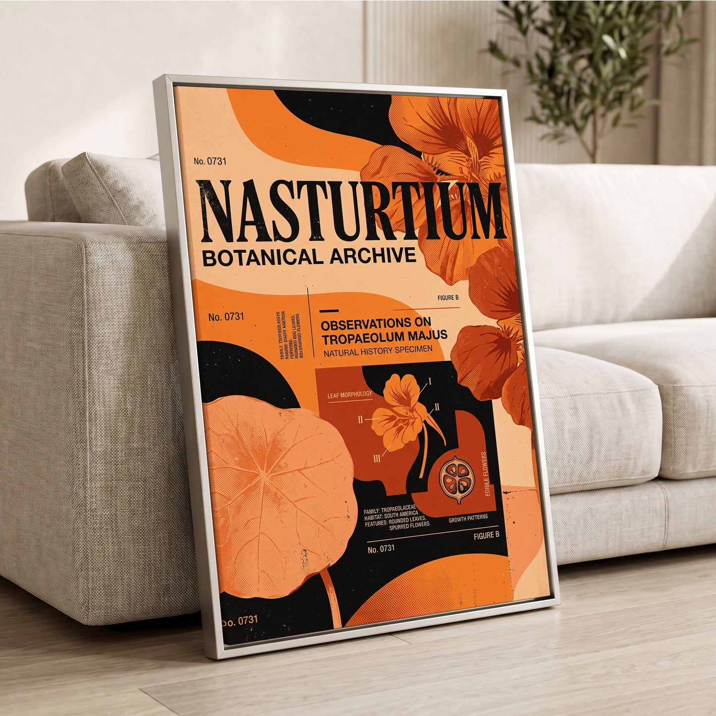 Nasturtium Archive, orange, black, beige floral wall art displayed in a styled interior, gallery view 2