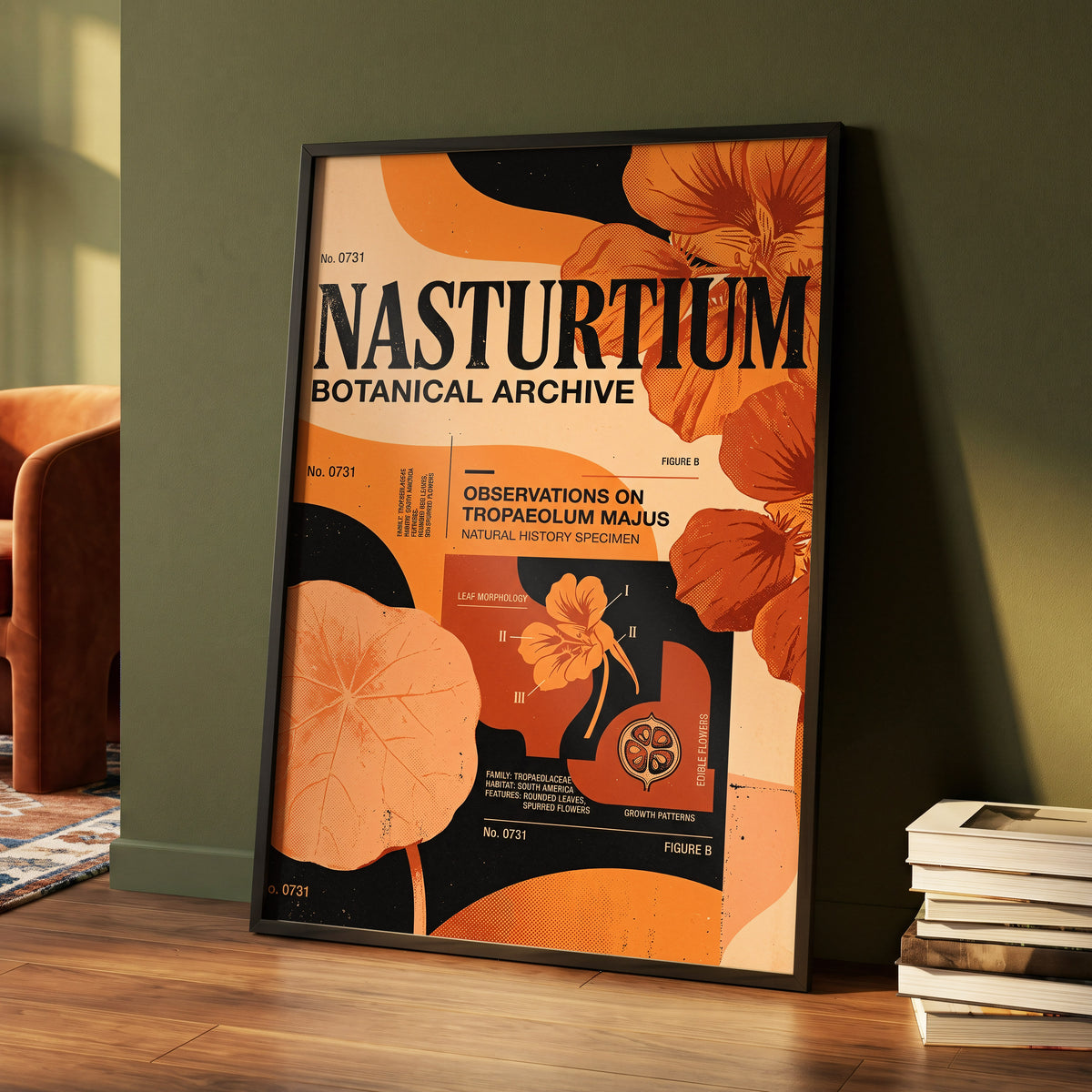 Nasturtium Archive, orange, black, beige floral wall art displayed in a styled interior, gallery view 4