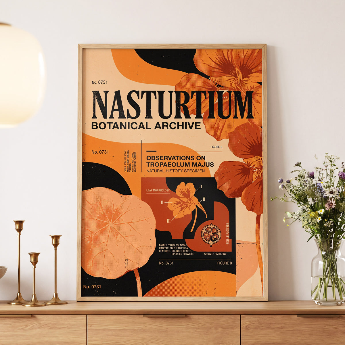 Nasturtium Archive, orange, black, beige floral wall art displayed in a styled interior, gallery view 5