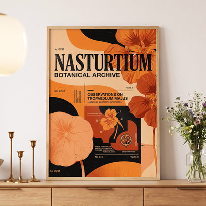 Nasturtium Archive, orange, black, beige floral wall art displayed in a styled interior, gallery view 5