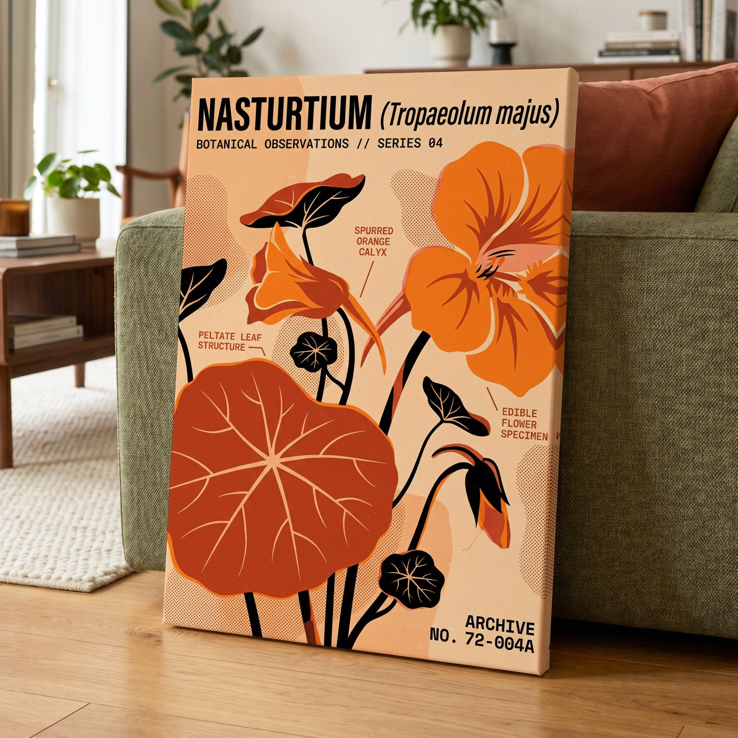 Nasturtium Field Notes, orange, beige, black floral wall art on canvas displayed in a styled interior, gallery view 1