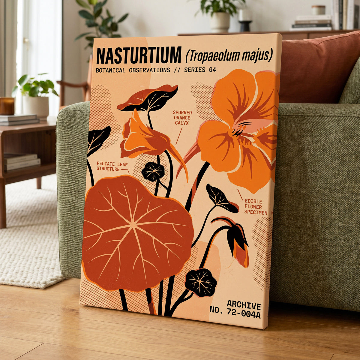 Nasturtium Field Notes, orange, beige, black floral wall art on canvas displayed in a styled interior, gallery view 1