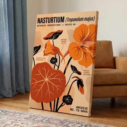 Nasturtium Field Notes, orange, beige, black floral wall art on canvas displayed in a styled interior, gallery view 2