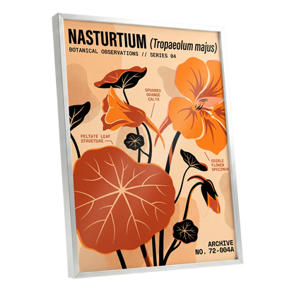 Nasturtium Field Notes, orange, beige, black floral wall art shown as a silver framed poster wall art print