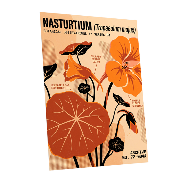 Nasturtium Field Notes, orange, beige, black floral wall art shown as a unframed poster wall art print